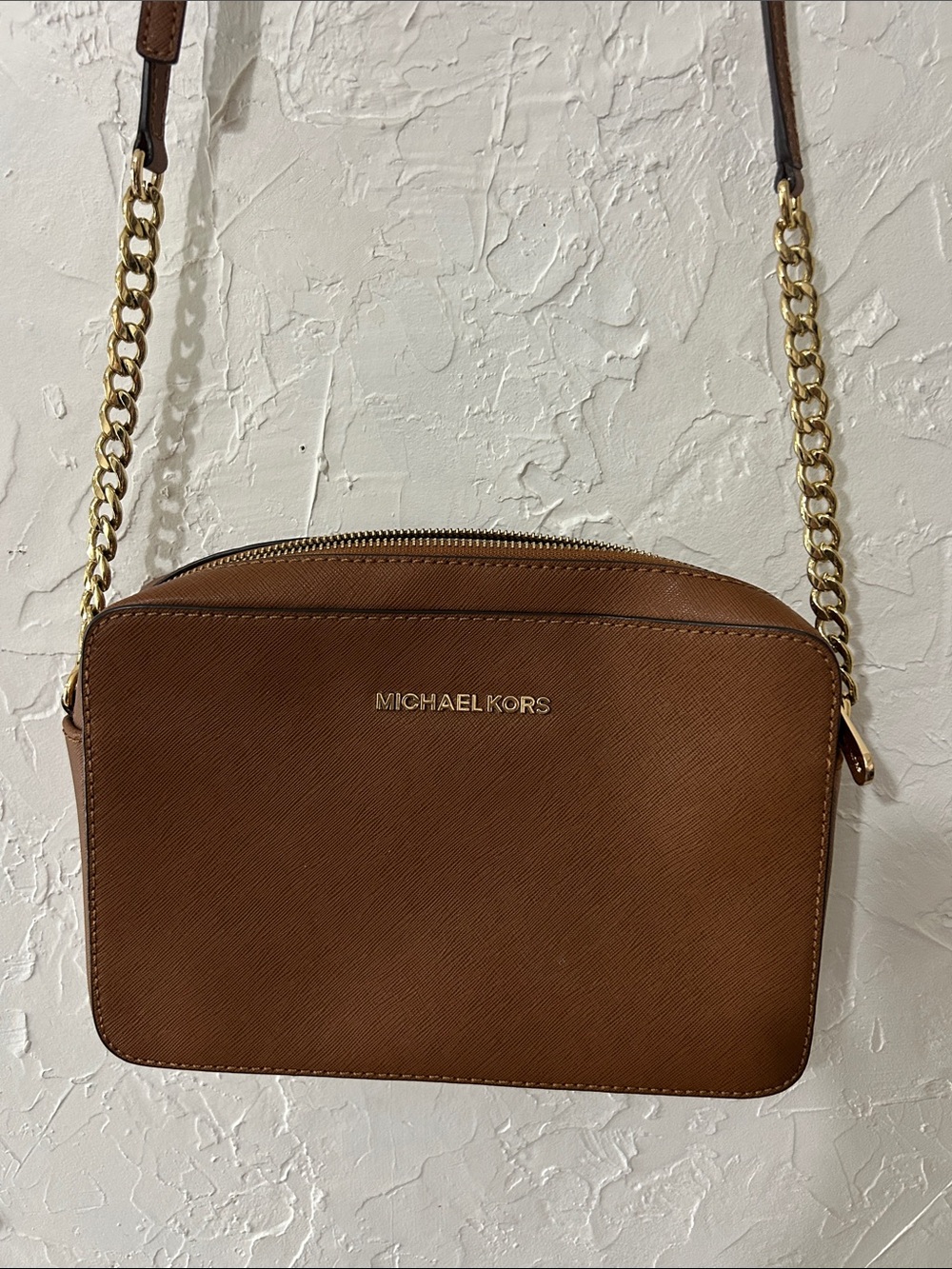 Michael Kors Cognac Saffiano Leather Crossbody with Gold Chain